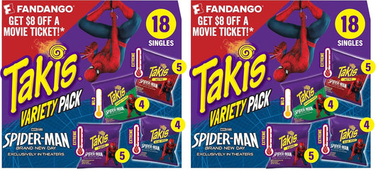 Takis 18 pc / 1 oz Variety Pack, Assorted Flavored Mixed Rolled Tortilla Chips – (5) Fuego, (5) Blue Heat, (4) Nitro, (4) Crunchy Fajitas (Pack of 2)