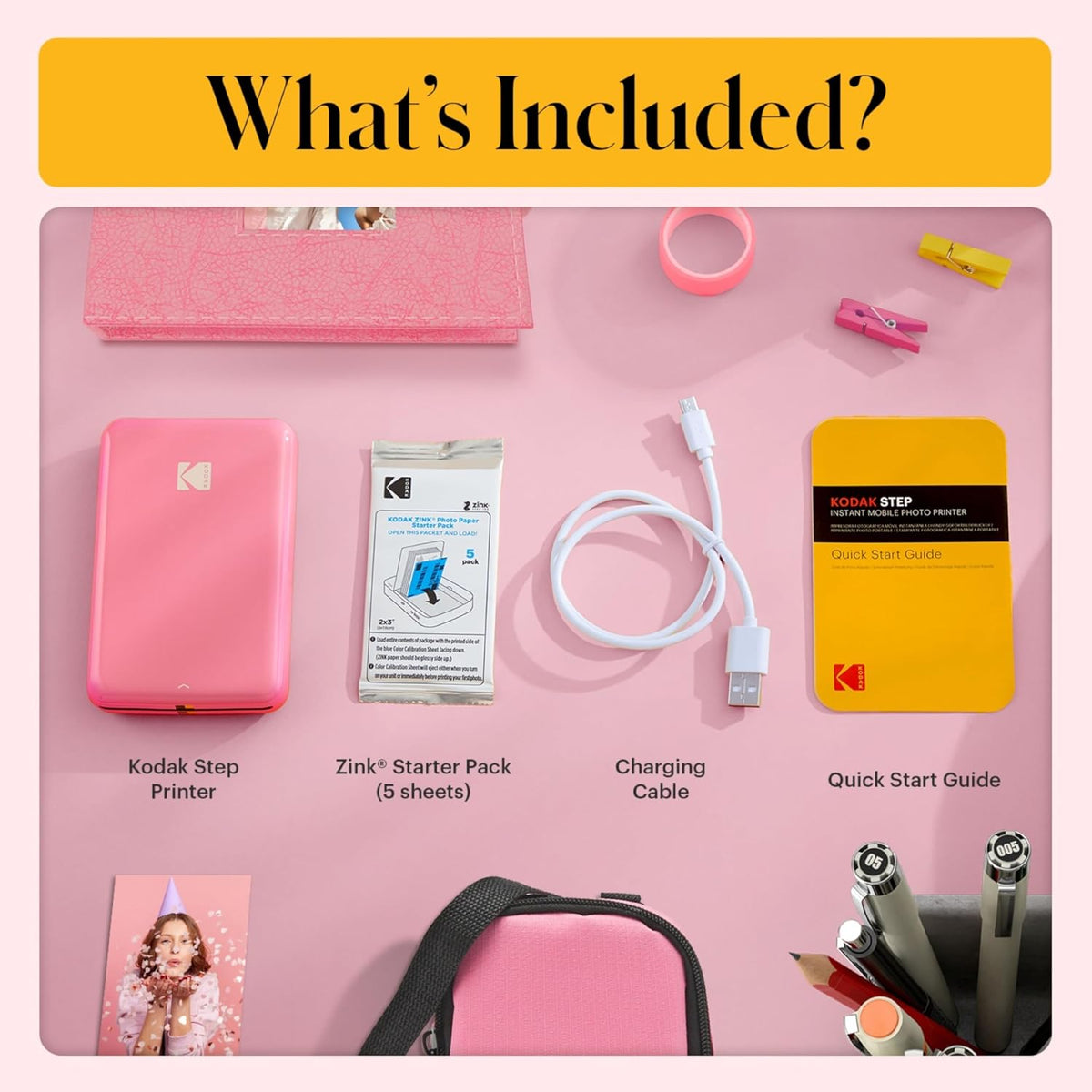 KODAK Step Instant Photo Printer with Bluetooth/NFC, Zink Technology & KODAK App for iOS & Android (Pink) Go Bundle