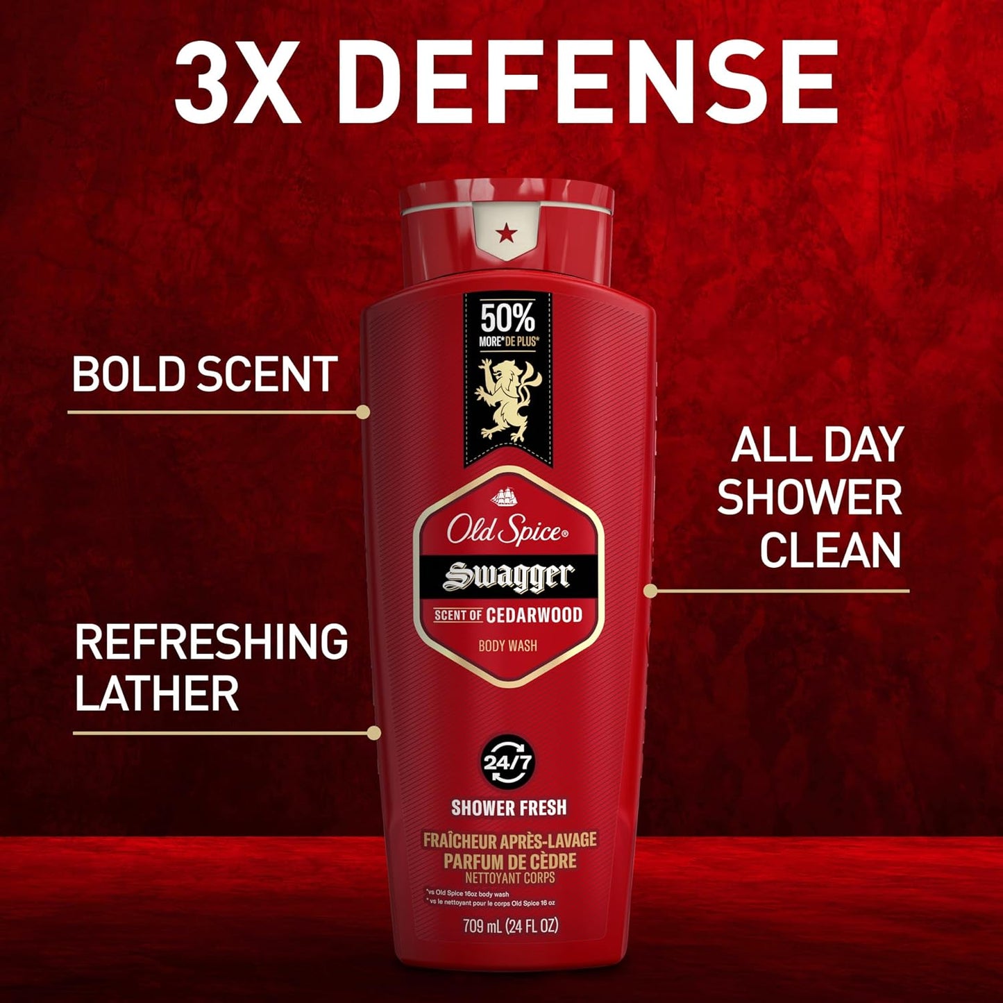 Old Spice Refreshing Body Wash for Men, 3X Defense, 24/7 Shower Fresh with Long Lasting Scent, Red Collection, Swagger with Cedarwood Scent, 24 oz (Pack of 6)