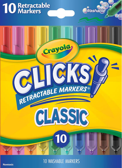 Crayola Clicks Retractable Tip Markers (10ct), Washable Cone Tip Art Marker Set, Cute Aesthetic School Supplies, Classroom Must Haves, Ages 3+
