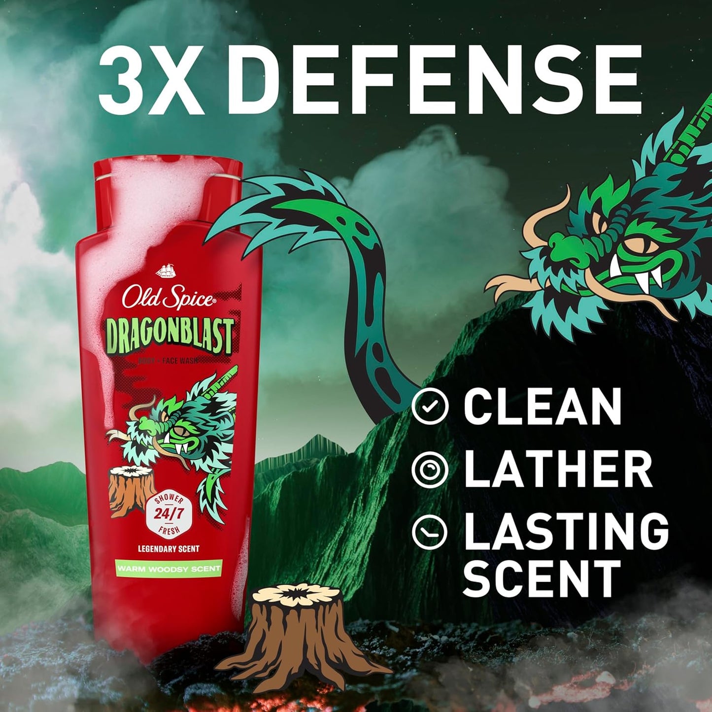 Old Spice Cleansing Body Wash for Men, 3X Defense, 24/7 Shower Fresh with Lasting Scent, 2-in-1 Body & Face Wash, Dragonblast Scent, 24 oz (Pack of 4)