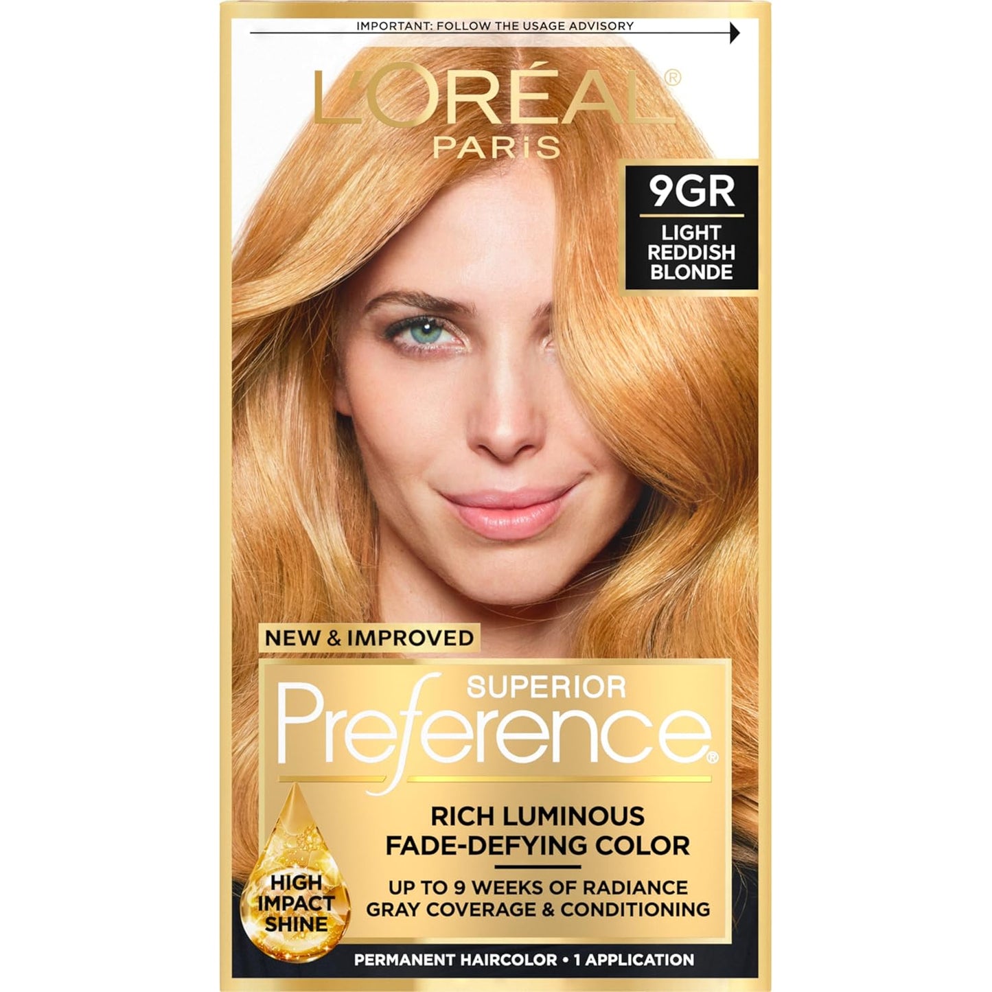 L'Oreal Paris Superior Preference Luminous Fade-Defying Permanent Hair Color, Hair Dye For Up to 9 Weeks of Radiance, Golden Reddish Blonde 9GR, 1 Hair Dye Kit