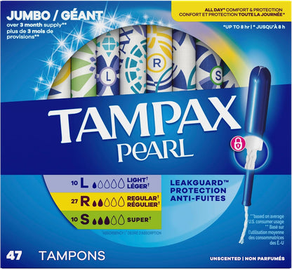 Tampax Pearl Tampons for Women Multipack, with LeakGuard Braid, Light/Regular/Super Absorbency, Unscented, 47 Count