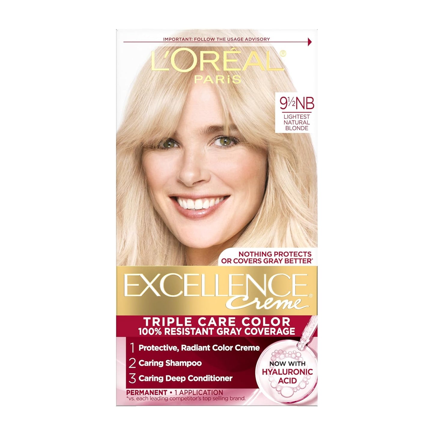 L'Oreal Paris Excellence Crème Permanent Hair Dye, Triple Care Hair Color with Hyaluronic Acid for 100% Gray Coverage, 9.5NB Lightest Natural Blonde, 1 Kit (Packaging May Vary)