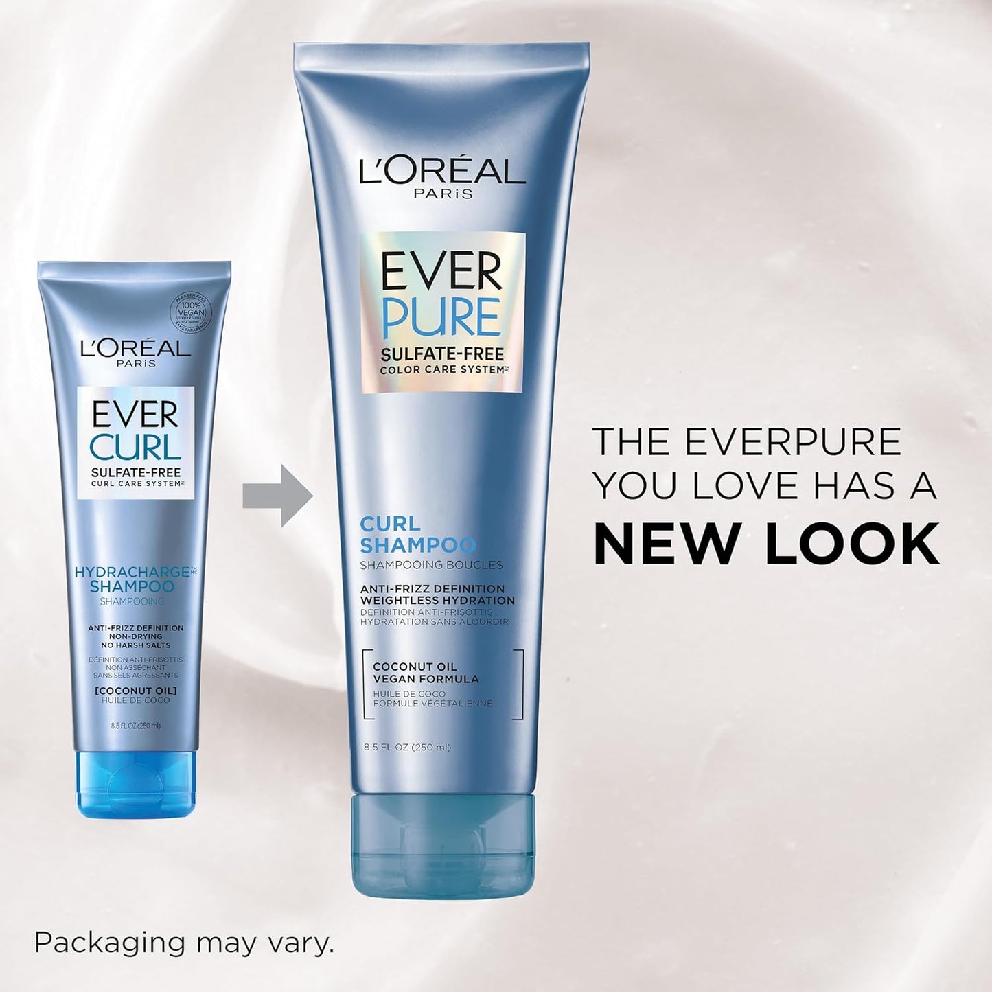 L'Oreal Paris Sulfate Free Shampoo and Conditioner for Curly Hair, Lightweight, Anti-Frizz Hair Care with Coconut Oil, EverPure, 8.5 Fl Oz, Set of 2 (Packaging May Vary)