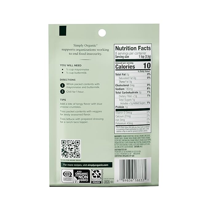Simply Organic Ranch, Certified Organic, Gluten-Free | 1 oz | Pack of 4