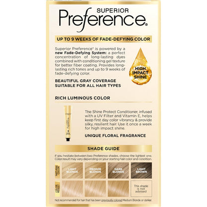 L'Oreal Paris Superior Preference Luminous Fade-Defying Permanent Hair Color, Hair Dye For Up to 9 Weeks of Radiance, Light Golden Blonde 9G, 1 Hair Dye Kit