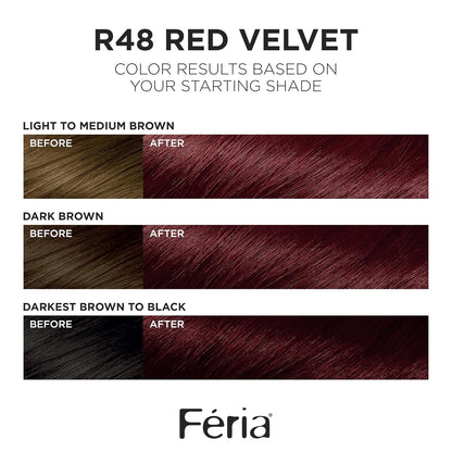 L'Oreal Paris Feria Multi-Faceted Shimmering Permanent Hair Color, R48 Red Velvet (Intense Deep Auburn), Pack of 1 Hair Dye Kit