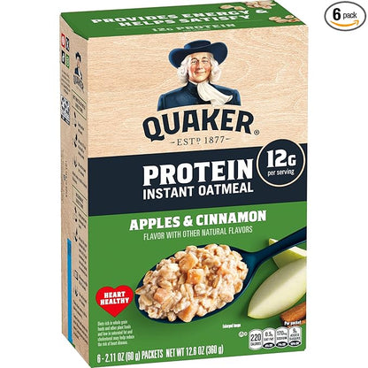 Quaker Protein Instant Oatmeal, Apple Cinnamon, 12g Protein per Serving, Whole Grains, No Artificial Flavors, No Added Colors, 2.11 oz Packets, (6 Pack)