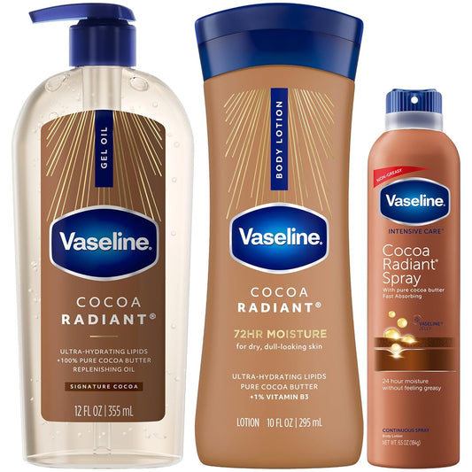 Vaseline Cocoa Radiant Moisturizer Bundle – Intensive Care Hand and Body Lotion, Spray Lotion, and Gel Oil with Pure Cocoa Butter for Extremely Dry Skin