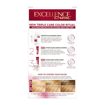 L'Oreal Paris Excellence Crème Permanent Hair Dye, Triple Care Hair Color with Hyaluronic Acid for 100% Gray Coverage, 8G Medium Golden Blonde, 1 Kit (Packaging May Vary)