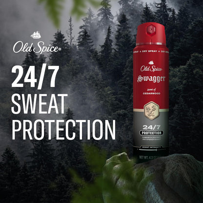 Old Spice Dry Spray Antiperspirant Deodorant for Men, 24/7 Sweat & Odor Protection, 24/7 Sweat Defense & Lasting Freshness, Swagger with Cedarwood Scent, 4.3 oz (Pack of 3)