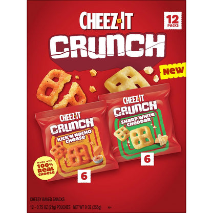 Cheez-It Crunch Cheesy Baked Snacks, Lunch Snacks, Variety Pack, 9oz Box (12 Packs)