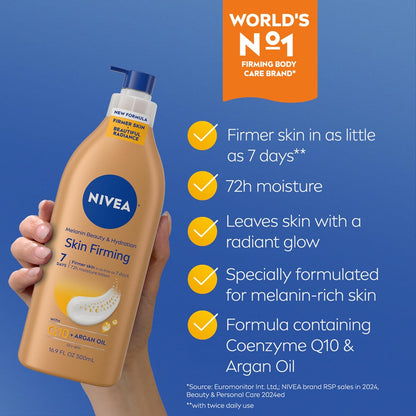 NIVEA Skin Firming Melanin Beauty & Hydration Body Lotion, Q10, 16.9 Fl Oz (Pack of 12)