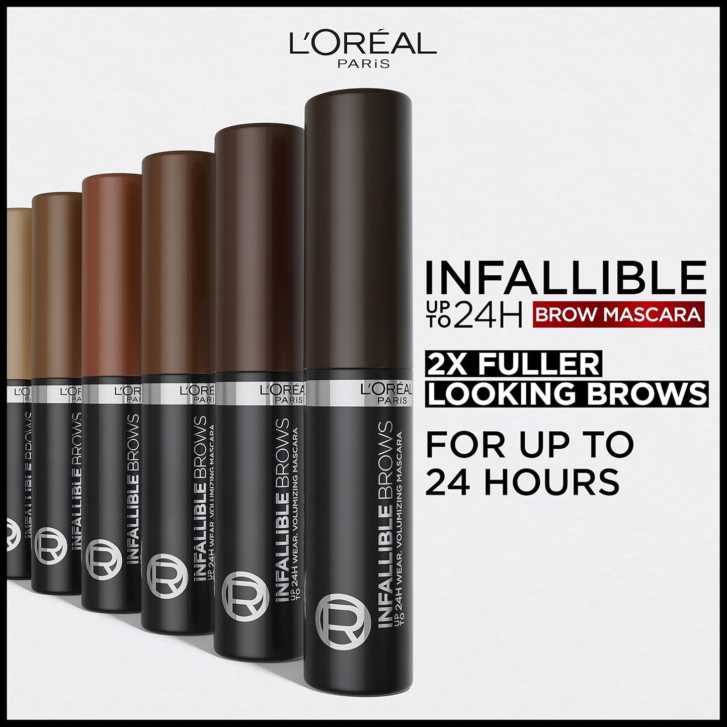 L'Oreal Paris Infallible Volumizing 24H Wear Brow Mascara, Long Lasting Eyebrow Makeup for 2X Fuller Eyebrows, 5.0 Brunette, 0.13 Fl Oz