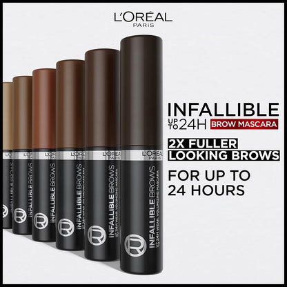 L'Oreal Paris Infallible Volumizing 24H Wear Brow Mascara, Long Lasting Eyebrow Makeup for 2X Fuller Eyebrows, 4.0 Dark Brunette, 0.13 Fl Oz