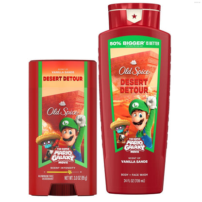 Old Spice X Super Mario, Desert Detour with Vanilla Sands Scent, Aluminum Free Deodorant + Body & Face Wash Bundle for Men, Smell Super with 24/7 Lasting Freshness & 24/7 Shower Clean (Pack of 2)