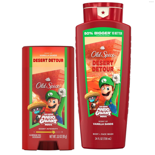 Old Spice X Super Mario, Desert Detour with Vanilla Sands Scent, Aluminum Free Deodorant + Body & Face Wash Bundle for Men, Smell Super with 24/7 Lasting Freshness & 24/7 Shower Clean (Pack of 2)