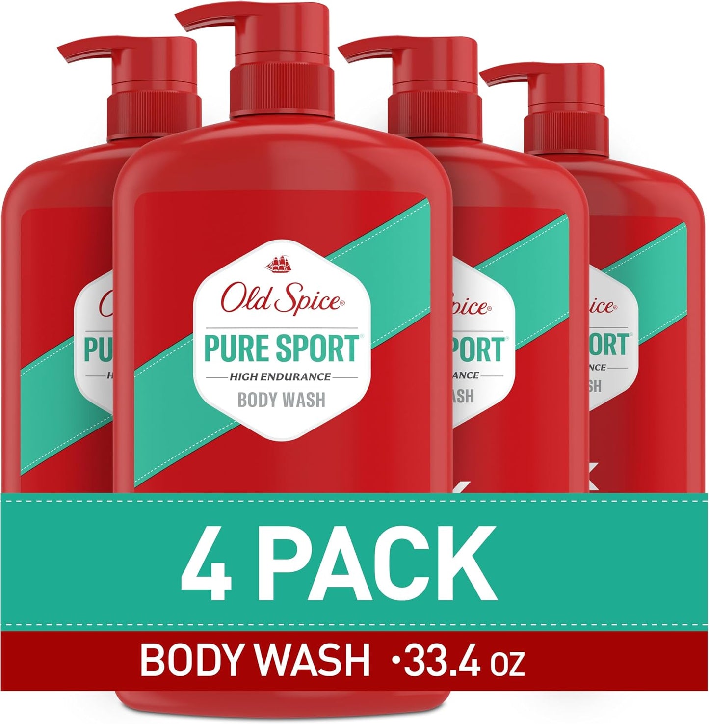 Old Spice Refreshing Body Wash for Men, High Endurance, 3X Defense, 24/7 Shower Fresh with Long Lasting Scent, Pure Sport Scent, 33.4 oz (Pack of 4)