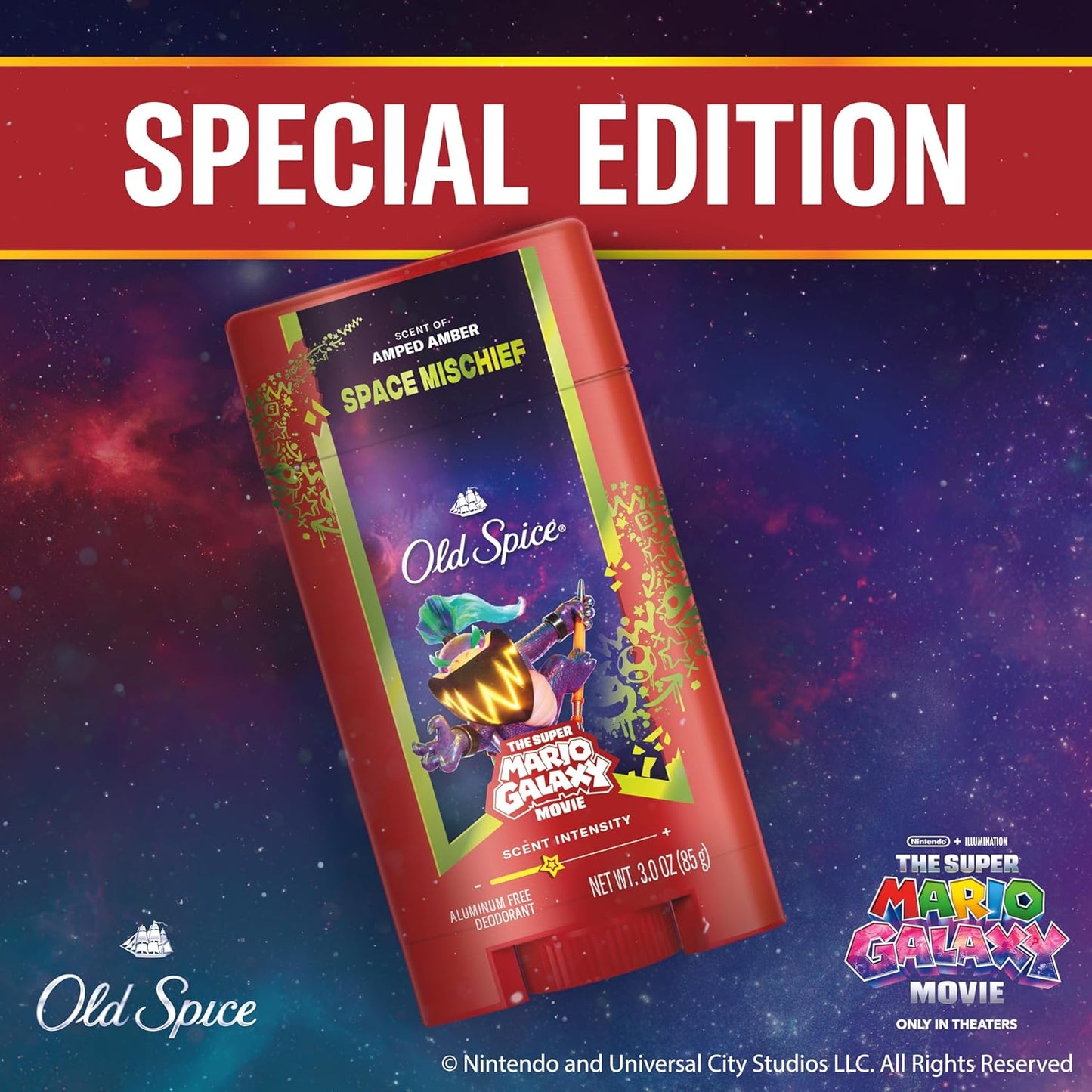 Old Spice Aluminum Free Deodorant for Men, Old Spice x The Super Mario Galaxy Movie, 24/7 Lasting Freshness, Lasting Odor Protection, Smell Super with Space Mischief, Amped Amber Scent, 3.0 oz
