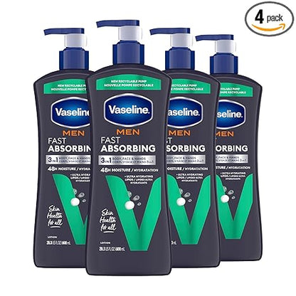 Vaseline Men Fast Absorbing 3-in-1 Face, Hands & Body Lotion for Men, 4 pack For Dry Skin,Absorbs in Just 15 Seconds for Moisturized Skin 20.3 Oz