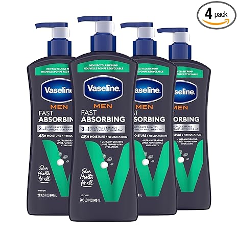 Vaseline Men Fast Absorbing 3-in-1 Face, Hands & Body Lotion for Men, 4 pack For Dry Skin,Absorbs in Just 15 Seconds for Moisturized Skin 20.3 Oz