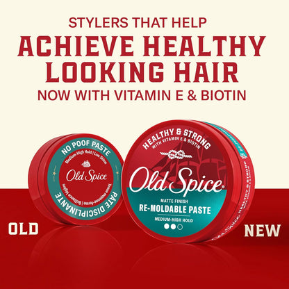 Old Spice Mens Hair Paste, Re-Moldable Paste for Men, Healthy & Strong with Vitamin E & Biotin, Hair Styling, Medium-High Hold, Matte Finish, 2.22 oz