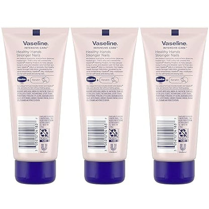 Vaseline Lotion, Healthy Hands Stronger Nails with Keratin 3-Pack – Intensive Care Hand Lotion with Petroleum Jelly, 3.4 Oz Ea