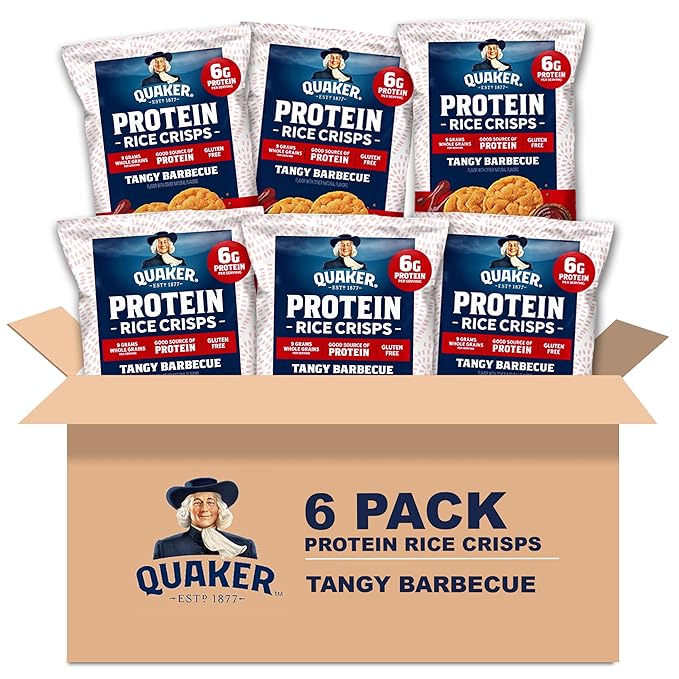 Quaker Protein Mini Rice Cakes, Tangy Barbecue, 6g Protein, Gluten Free, 9g Whole Grains, No Colors from Artificial Sources, No Artificial Flavors, No Preservatives, 2.6 Oz (Pack of 6)