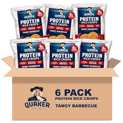 Quaker Protein Mini Rice Cakes, Tangy Barbecue, 6g Protein, Gluten Free, 9g Whole Grains, No Colors from Artificial Sources, No Artificial Flavors, No Preservatives, 2.6 Oz (Pack of 6)