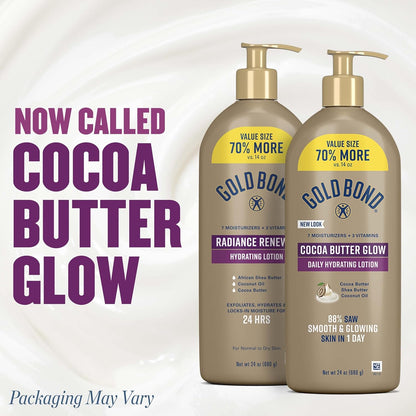 Gold Bond Cocoa Butter Glow Daily Hydrating Lotion for Dry Skin, 24 oz | Daily Hydrating Lotion, Cocoa Shea Butter & Coconut Oil, Exfoliating and Moisturizing Lotion, 24hr hydration, Body Lotion