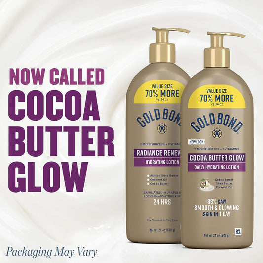 Gold Bond Cocoa Butter Glow Daily Hydrating Lotion for Dry Skin, 24 oz | Daily Hydrating Lotion, Cocoa Shea Butter & Coconut Oil, Exfoliating and Moisturizing Lotion, 24hr hydration, Body Lotion