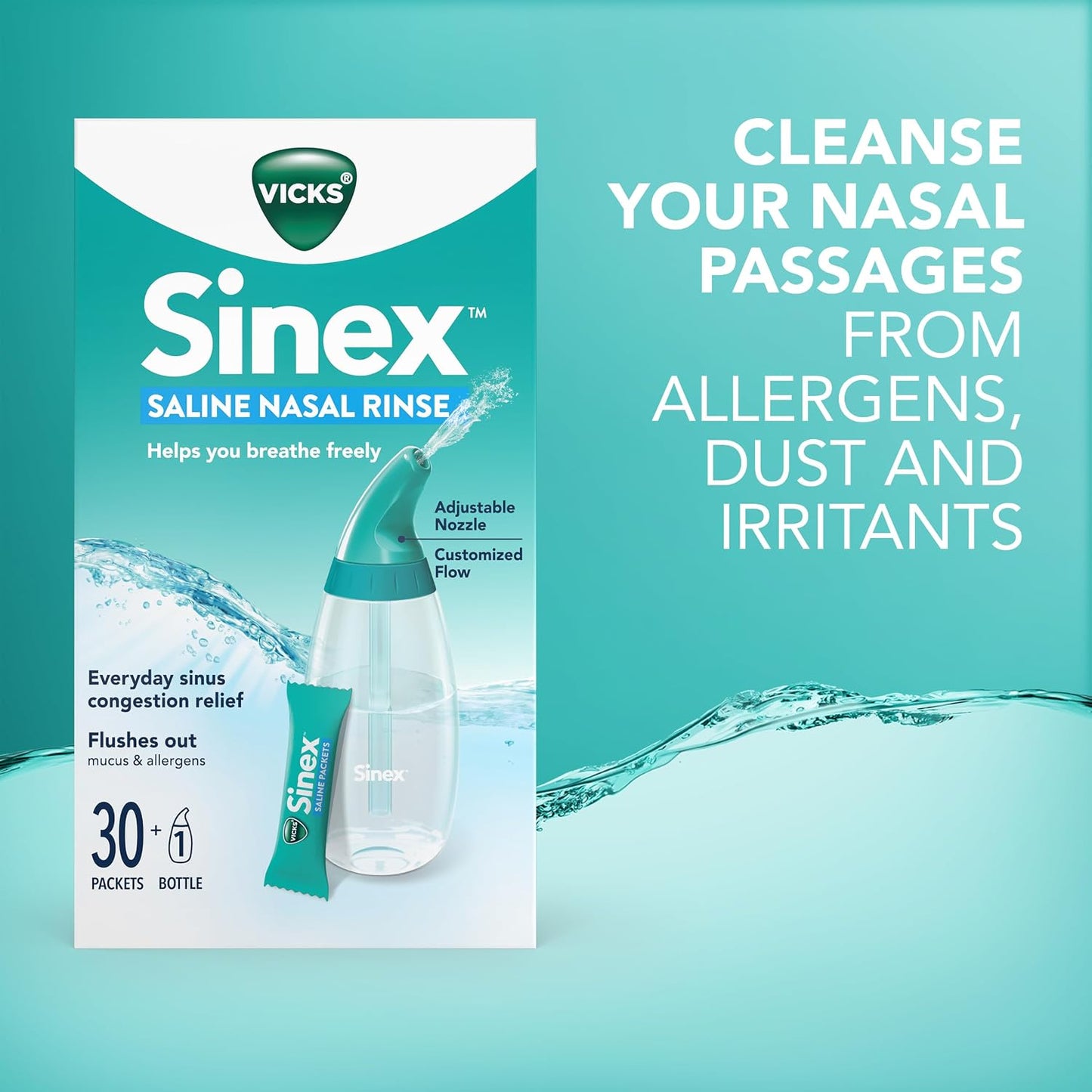 Vicks Sinex Saline Nasal Rinse Starter Kit, Drug Free Saline, Flush Out Mucus and Allergens, Fast & Effective Relief for Everyday Congestion from Sinus & Allergy, 1 Bottle + 30 Refill Packets