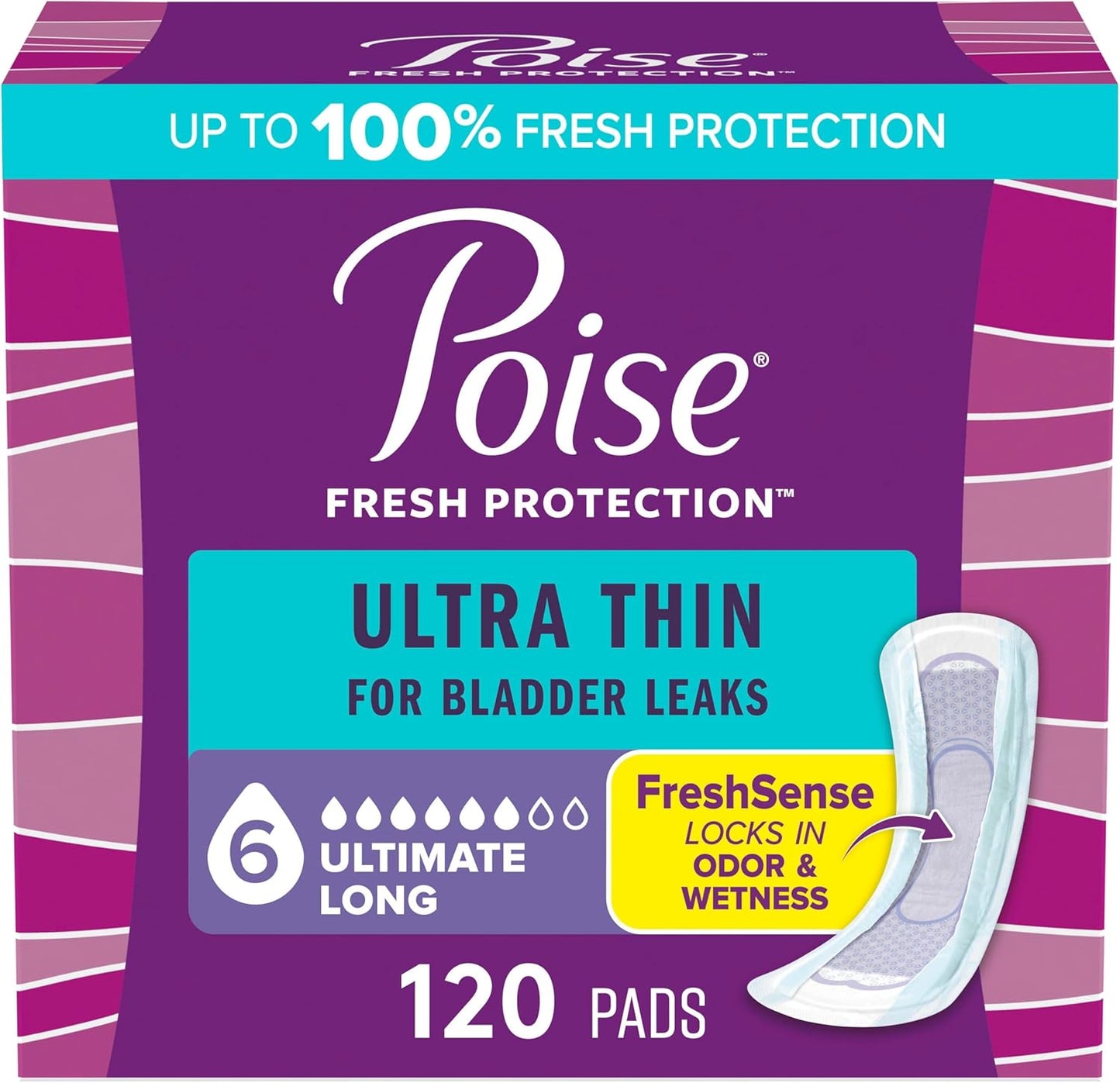 Poise Ultra Thin Incontinence & Postpartum Pads for Bladder Leaks, 6 Drop Ultimate Absorbency, Long Length, 120 Count (Packaging May Vary)
