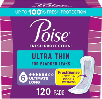 Poise Ultra Thin Incontinence & Postpartum Pads for Bladder Leaks, 6 Drop Ultimate Absorbency, Long Length, 120 Count (Packaging May Vary)