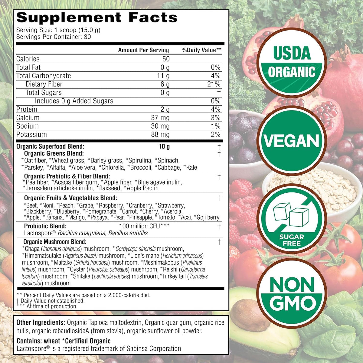 Country Farms Super Greens Natural Flavor, 50 Organic Super Foods, USDA Organic Drink Mix (Wheat Grass, Spirulina, Chlorella) Mushrooms & Probiotics, Fiber, Gut Health, Natural Energy, 30 Servings