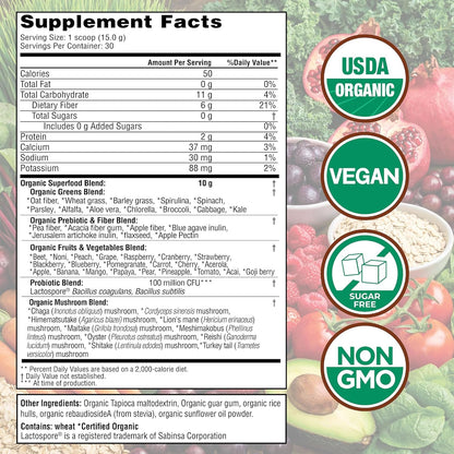 Country Farms Super Greens Natural Flavor, 50 Organic Super Foods, USDA Organic Drink Mix (Wheat Grass, Spirulina, Chlorella) Mushrooms & Probiotics, Fiber, Gut Health, Natural Energy, 30 Servings