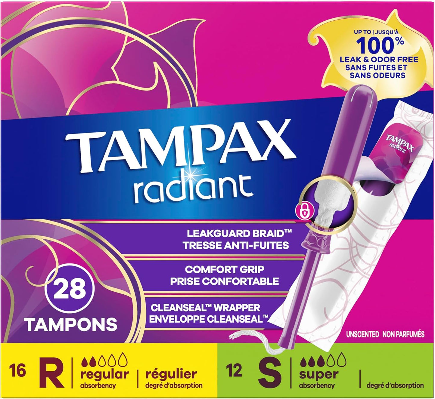 Tampax Radiant Tampons for Women Multipack, with LeakGuard Braid, Regular/Super Absorbency, Unscented, 28 Count, Packaging May Vary