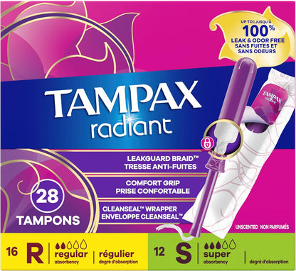 Tampax Radiant Tampons for Women Multipack, with LeakGuard Braid, Regular/Super Absorbency, Unscented, 28 Count, Packaging May Vary