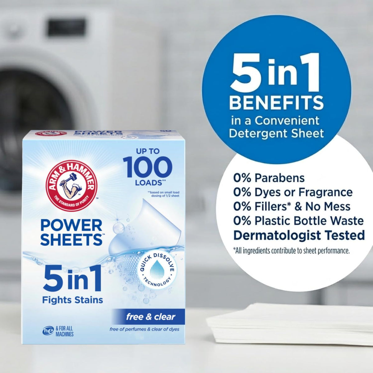 ARM & HAMMER 5in1 Power Sheets Laundry Detergent, Free & Clear, 50 Count
