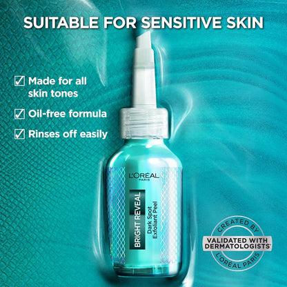 L'Oreal Paris Bright Reveal Dark Spot Exfoliant Peel, 25% AHA BHA PHA Face Exfoliator Solution, Gentle Skincare to Visibly Reduce Dark Spots and Renew Skin Texture, Includes SPF Lotion Sample