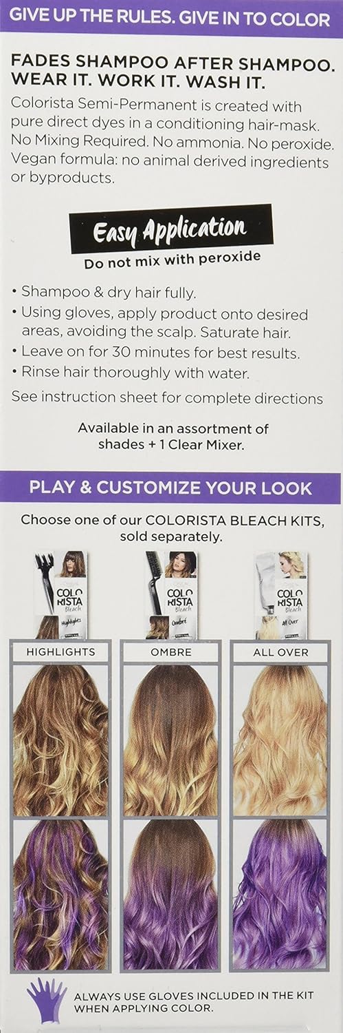 L'Oreal Paris Colorista Semi Permanent Hair Color for Bleached or Blonde Hair, Color Depositing Hair Mask Formula, Purple (Pack of 2)