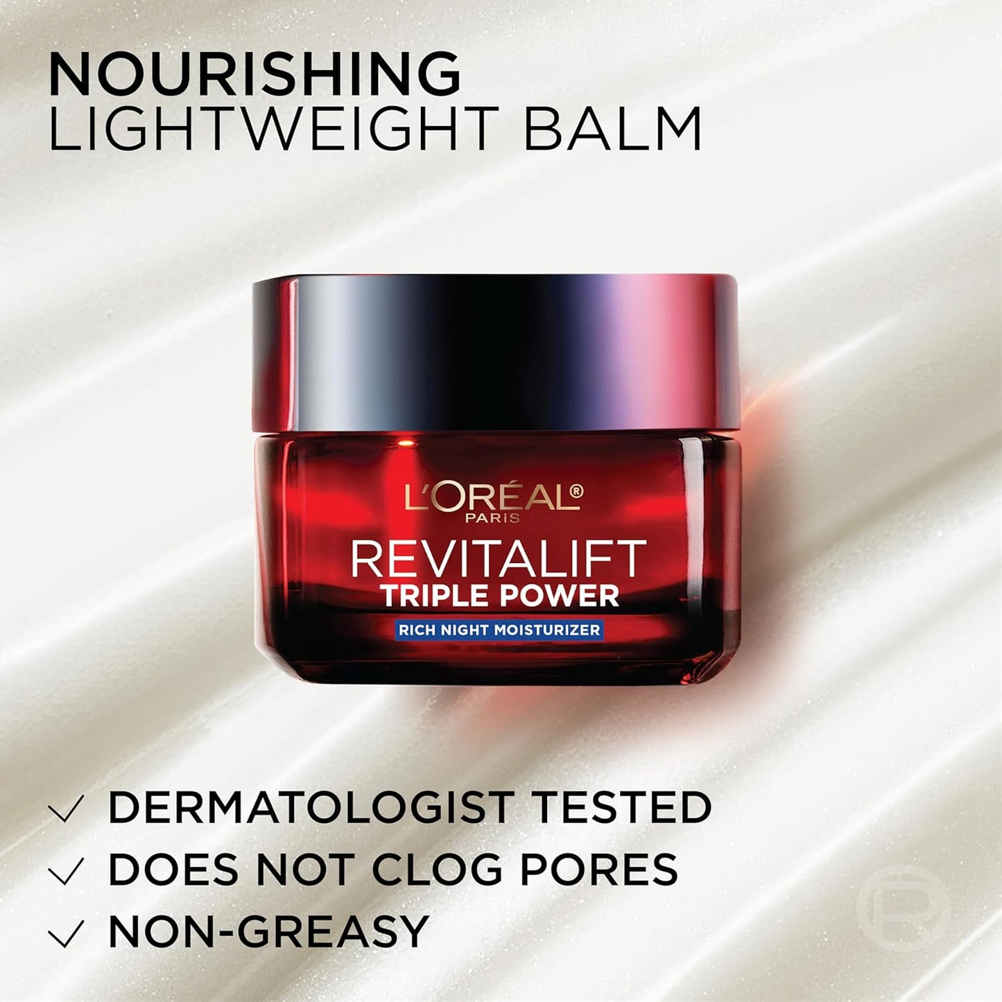 L'Oreal Paris Revitalift Triple Power Rich Night Cream, Anti Aging Moisturizer With Glycolic Acid, Vitamin C & Hyaluronic Acid, Visibly Smooths Texture, Reduces Fine Lines & Evens Skin Tone, 2.55 oz