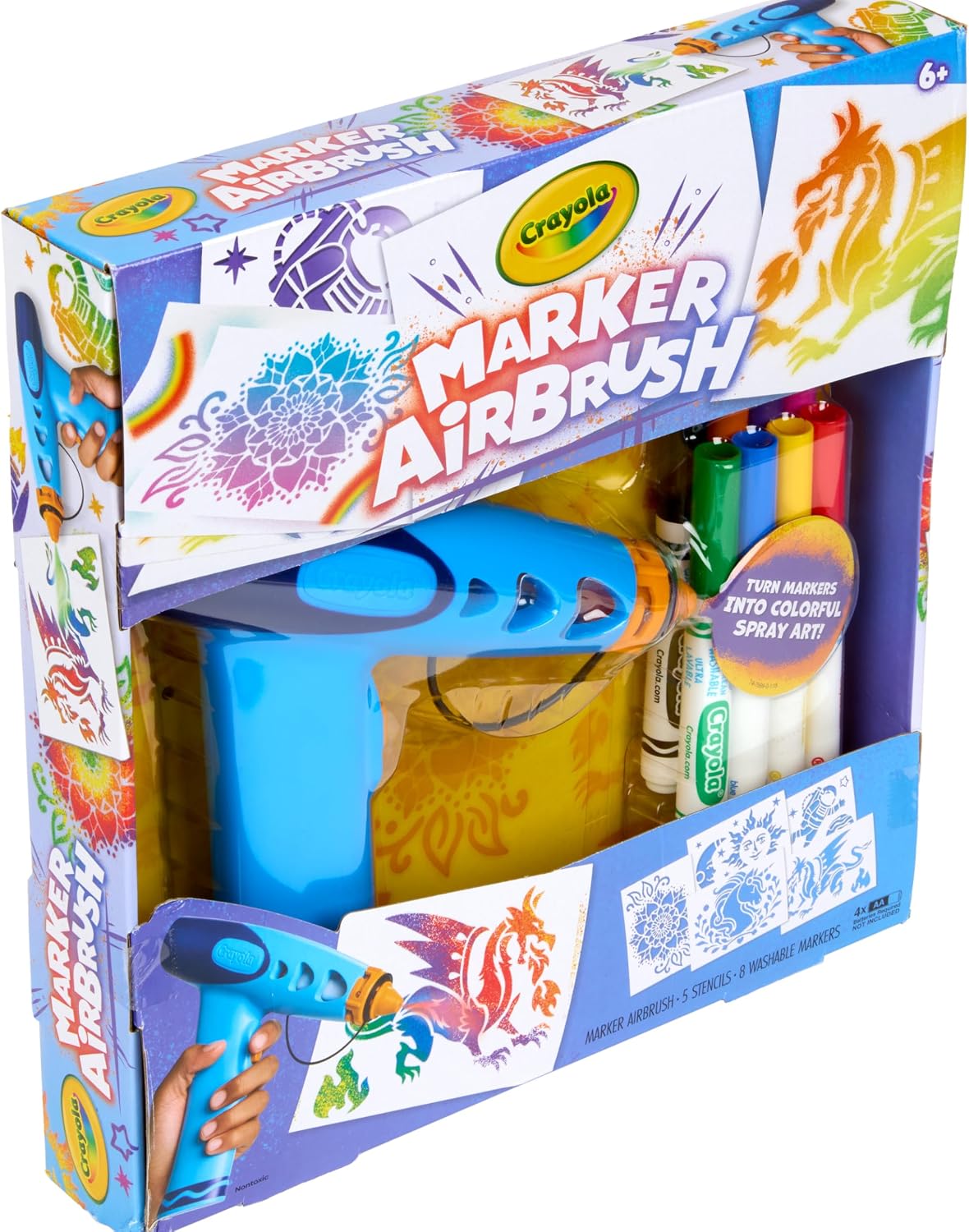 Crayola Marker Airbrush Spray Art Kit, 8 Washable Markers, 5 Stencils | Arts & Crafts Toys for Kids, Birthday, Holiday Gifts for Girls & Boys 6+, Battery-Powered Sprayer Kids Activities
