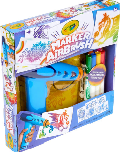 Crayola Marker Airbrush Spray Art Kit, 8 Washable Markers, 5 Stencils | Arts & Crafts Toys for Kids, Birthday, Holiday Gifts for Girls & Boys 6+, Battery-Powered Sprayer Kids Activities