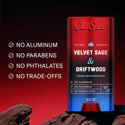 Old Spice Aluminum Free Deodorant for Men, The Spice Alchemist Collection, 24/7 Cologne Infused Scent, No Trade Off Formula, Free of Parabens & Phthalates, Velvet Sage + Drift Wood Scent, 3.0 oz