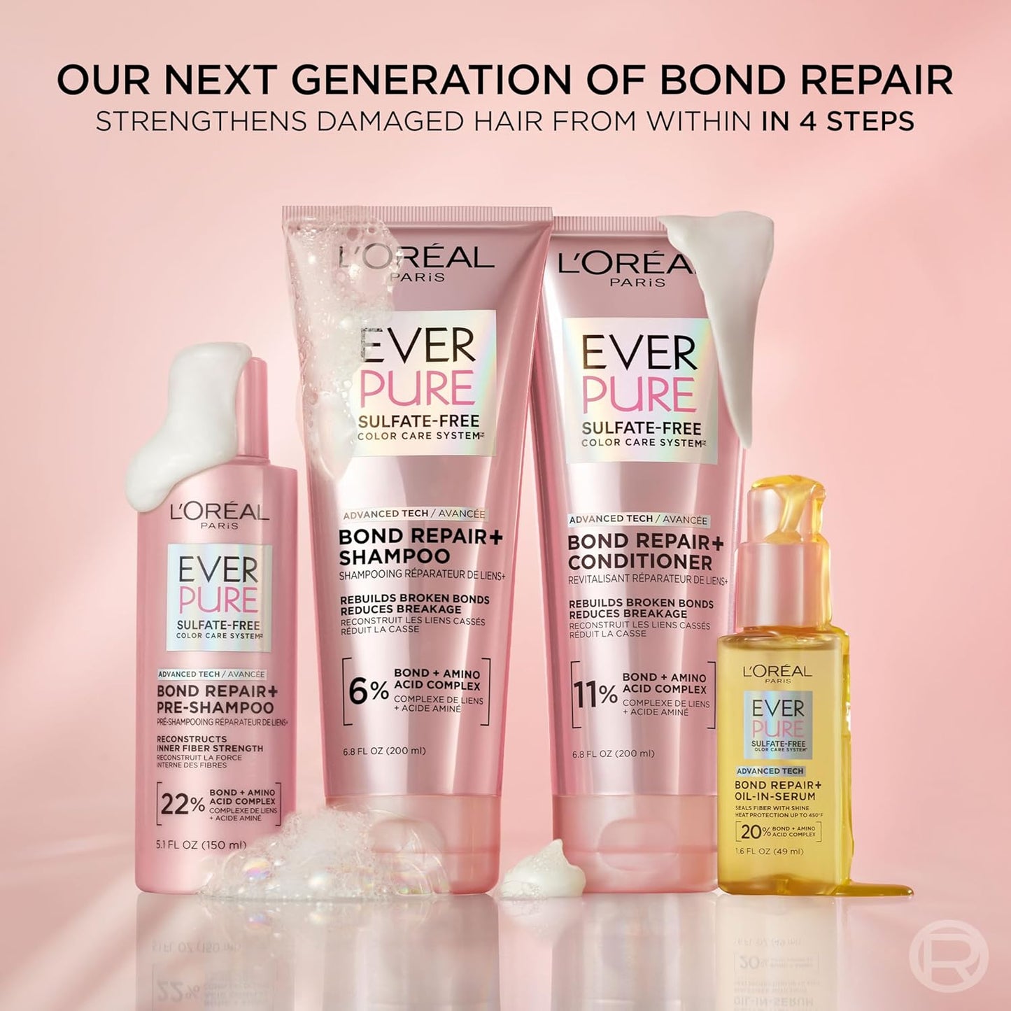 L'Oreal Paris Sulfate Free Bond Repair+ Shampoo and Conditioner Set with Bond + Amino Acid Complex, Strengthens and Repairs Damaged or Color Treated Hair, EverPure, 13.6 Fl Oz Set (Packaging May Vary)