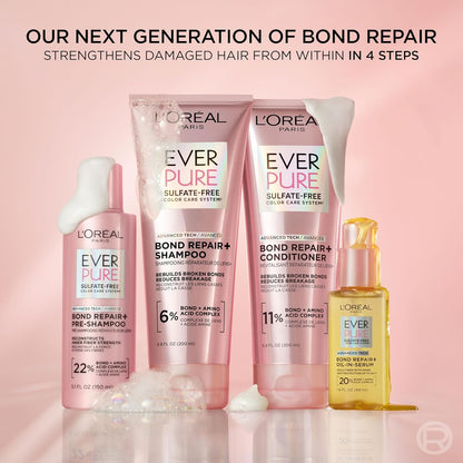 L'Oreal Paris Sulfate Free Bond Repair+ Shampoo,Hair Shampoo with Bond + Amino Acid Complex,Strengthens and Repairs Damaged or Color Treated Hair,EverPure,6.8 Fl Oz (Packaging May Vary),(Pack of 2)