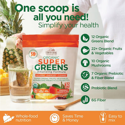 Country Farms Super Greens Pineapple-Mango Flavor, 50 Organic Super Foods, USDA Organic Drink Mix (Wheat Grass, Spirulina, Chlorella) Mushrooms & Probiotics, with Fiber, Natural Energy, 30 Servings
