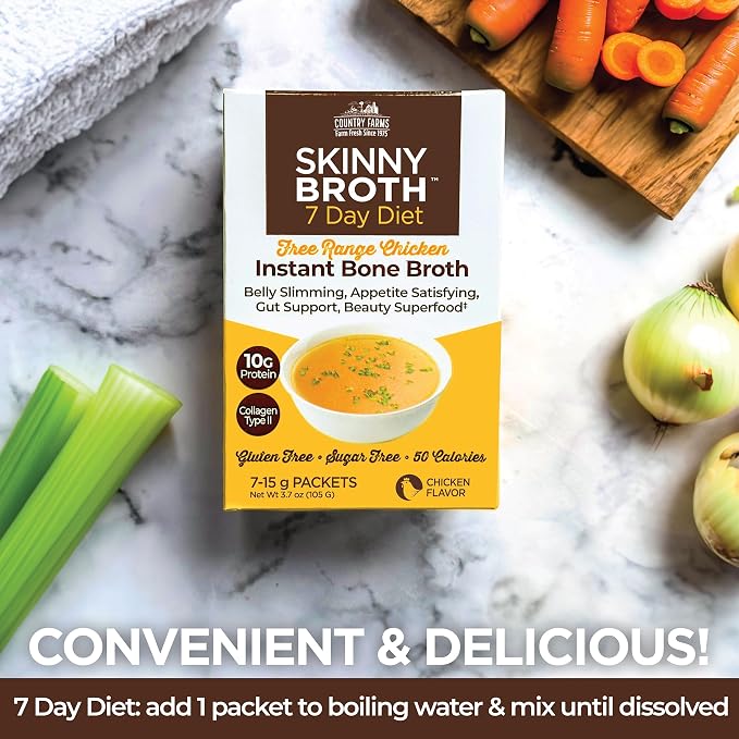 Country Farms Skinny Broth, Instant Chicken Bone Broth, 10G Protein, Collagen Type II, Promotes Better Digestion, Supports Bone Health, 7 Day Plan, 7-15g Packets